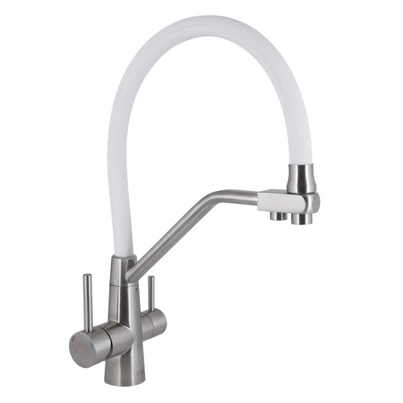 Lidz Aria 020F3 Змішувач для кухні Nickel/White (k35) з гнучким виливом і під“єднанням для питної води