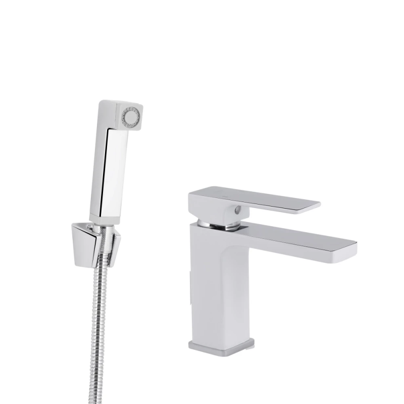 Qtap Gemini Змішувач для раковини Chrome/White (k35) з гігієнічним душем QTGEM272CRW45691
