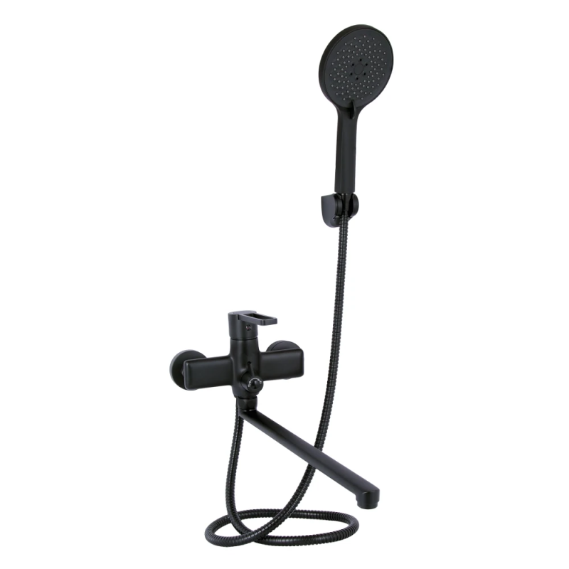 Qtap Taurus Змішувач для ванни Matt Black (k35) з довгим поворотним виливом і душовим гарнітуром QTTAU260BLM